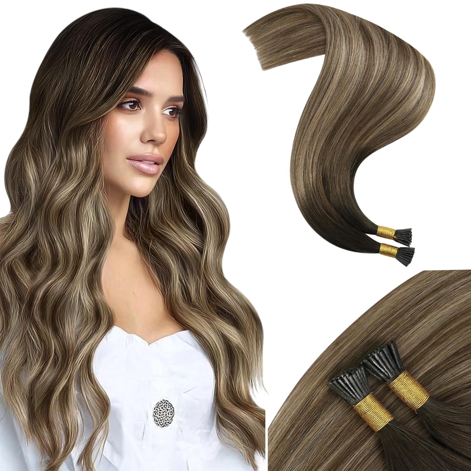 Micro Ring (Human hair balayage extensions, dark brown to light brown color with blonde hair extensions)