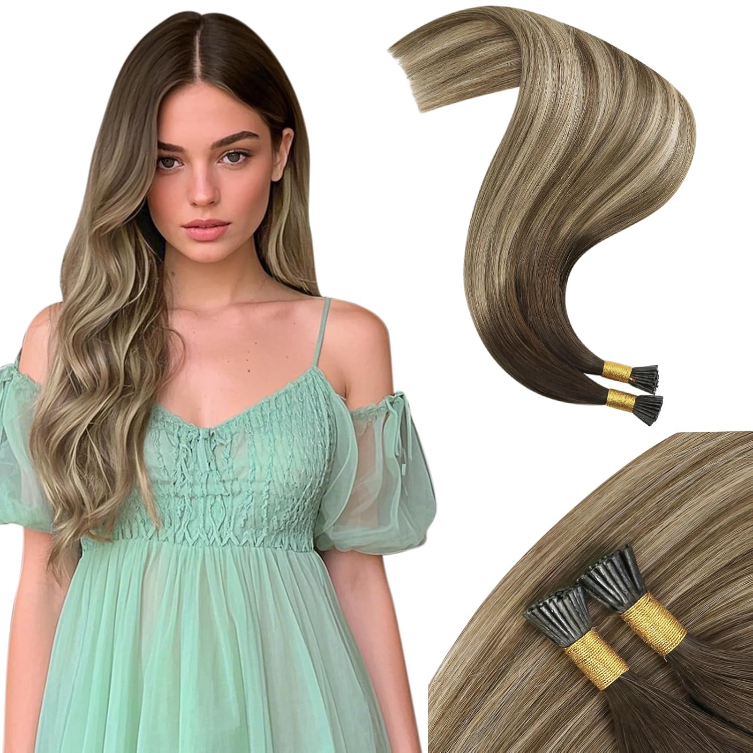 Micro Ring (Real human hair extensions, from dark brown to bleached blonde with light blonde and light brown)